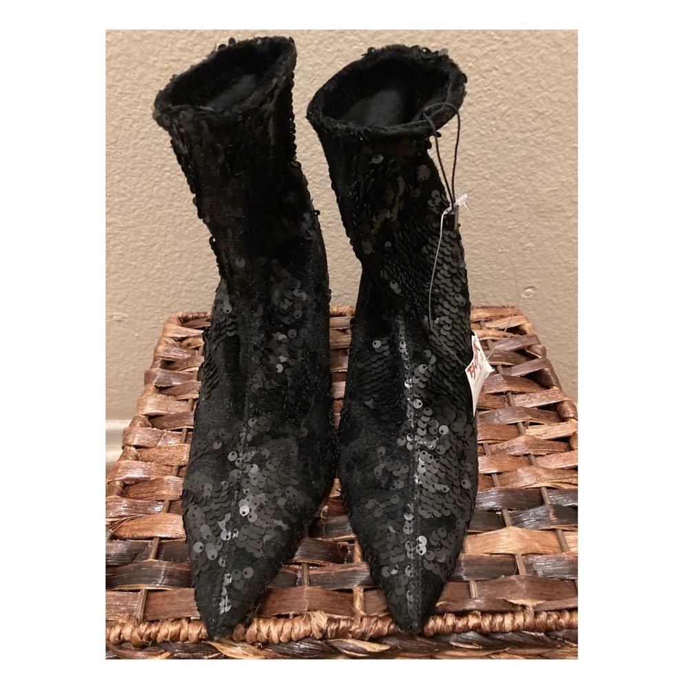 Zara Black Sequined Velvet Boots/Booties